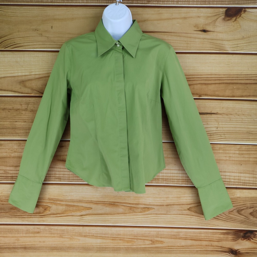 Talbots Dress Shirt Womens Sz 8 Green French Cuff Stretch Long Sleeves Collared